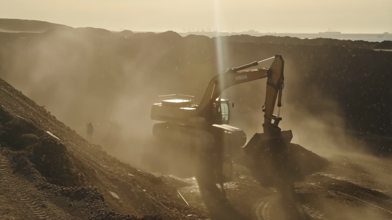 Excavator Working at a Dusty Construction Site During Sunset