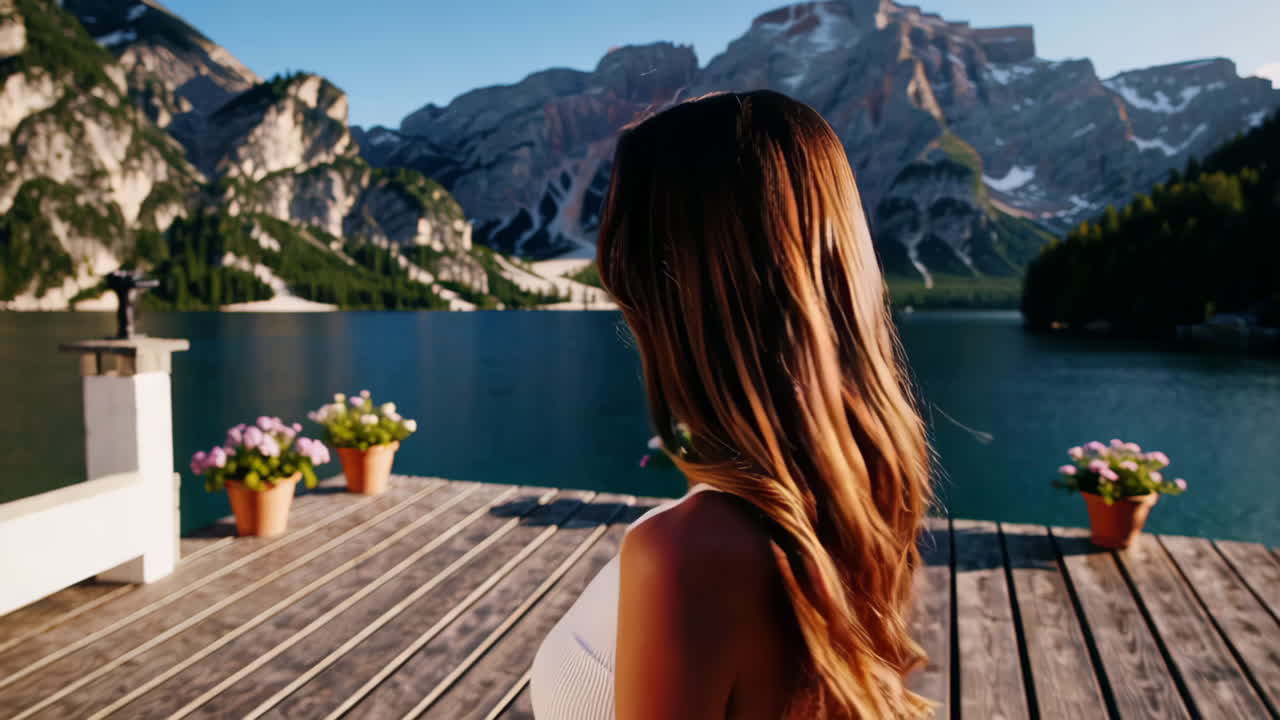 Woman enjoying a view of a mountain lake