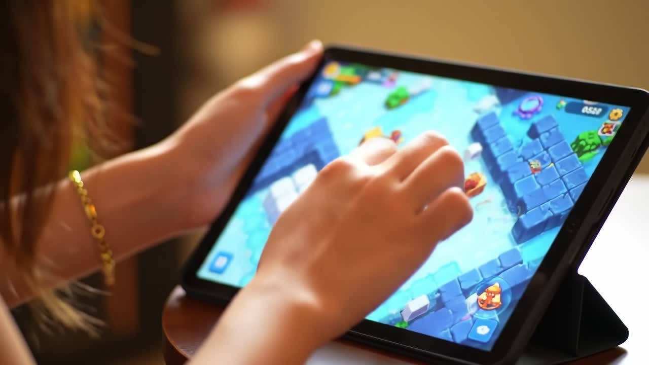 Engaging Gameplay Experience: A Close-Up of Hands Manipulating a Colorful Tablet Game Featuring Vibrant Characters and Interactive Elements