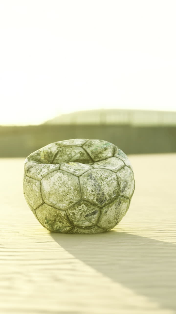 Forgotten soccer ball rests on sandy beach at golden hour in coastal town