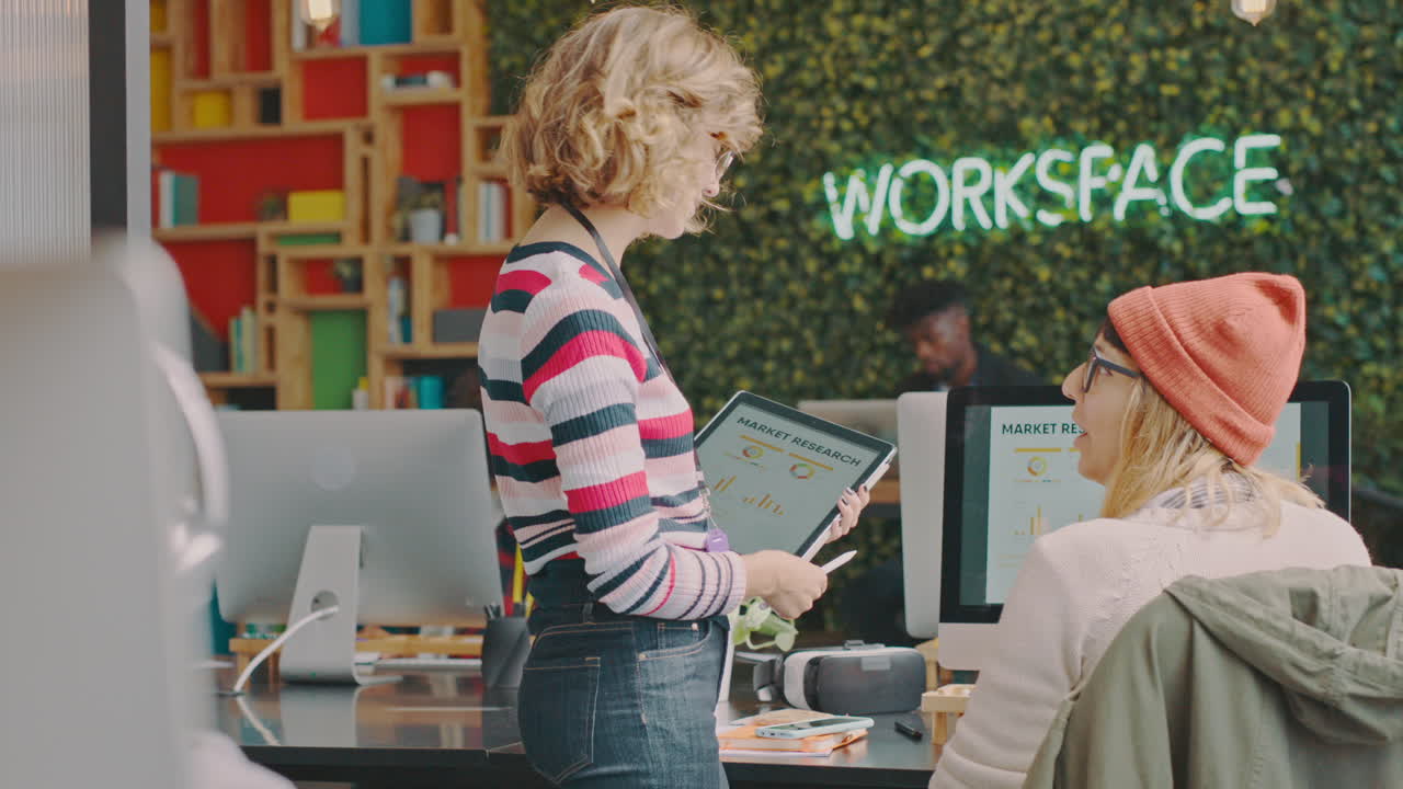 Tablet, training or data with a business woman