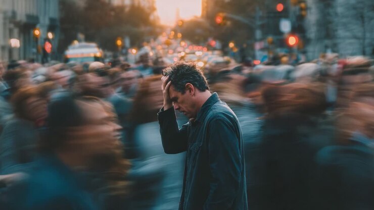 Una figura solitaria in una strada trafficata della città, sopraffatta dalle emozioni mentre folle sfocate le passano accanto, catturando l'essenza dell'isolamento nel caos della vita urbana