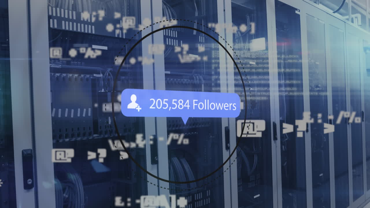 소셜 미디어 아이콘과 텍스트를 컴퓨터 서버로 애니메이션