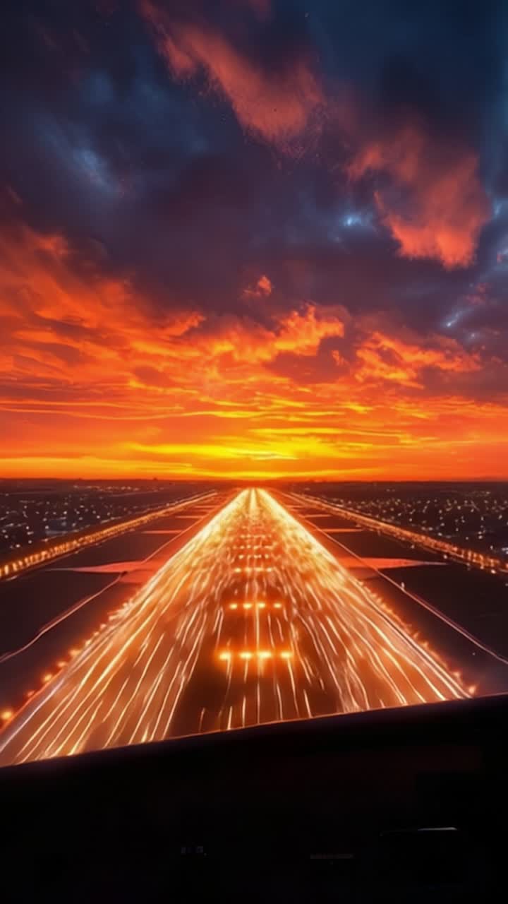 Una vista aerea mozzafiato di un tramonto vibrante su una pista illuminata, che cattura l'energia dinamica delle luci di atterraggio contro un cielo colorato