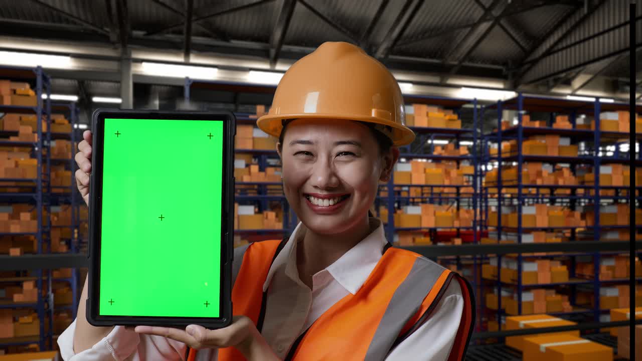 안전 헬을 입은 아시아 여성 엔지니어가 배달품으로 가득 찬 선반을 가진 창고에 서서 미소 짓고 녹색 화면 태블릿을 저장소에서 카메라에 보여주고 있습니다.