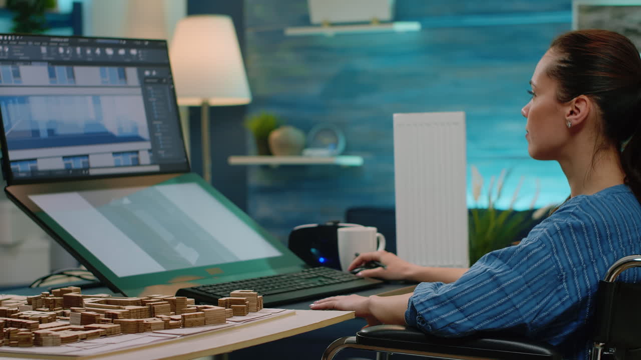 Invalid engineer looking at building model on computer