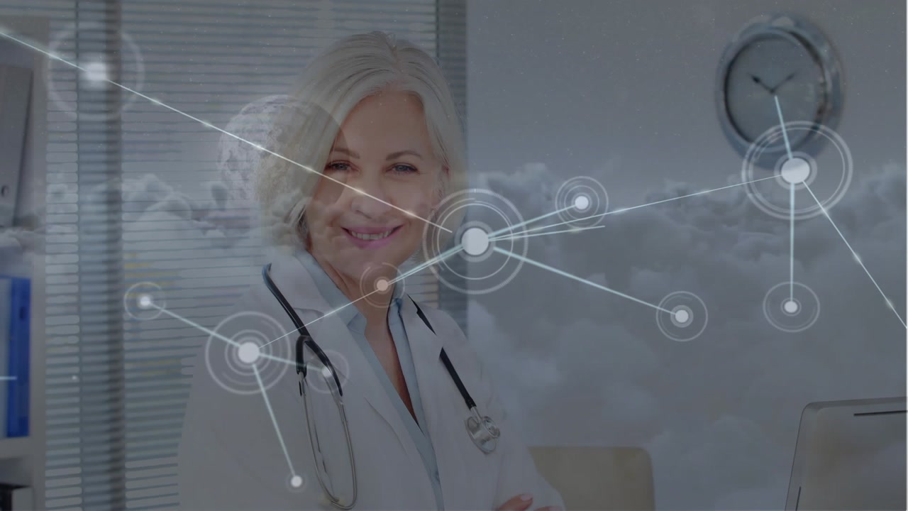Animación de una red de conexiones con puntos sobre una doctora