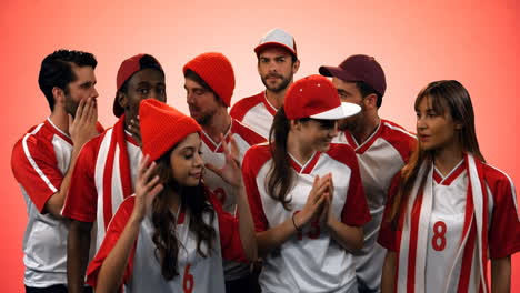 group of sports team members in red and white uniforms over animation