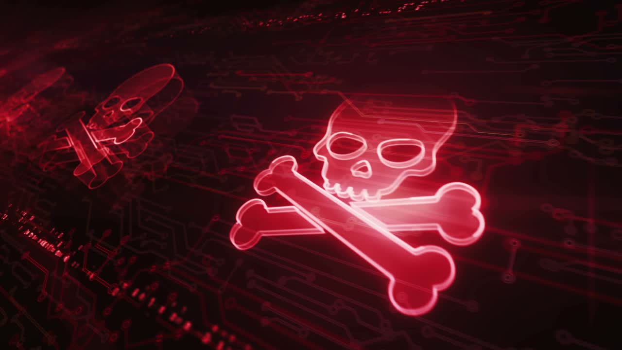 pirata del cráneo y símbolo de ciberataque en línea concepto de bucle cibernético