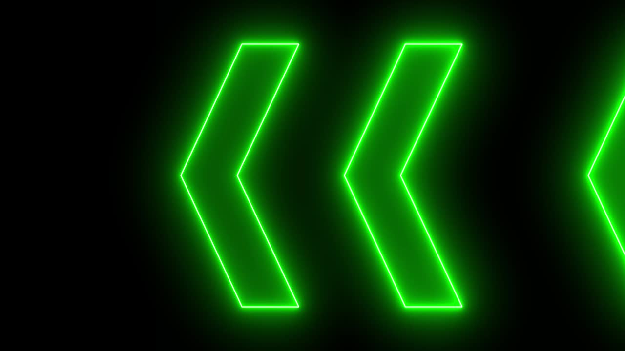 animación de flechas de neón brillantes de 4k. moviendo las flechas verdes a la izquierda aisladas en un bucle sin costuras de fondo negro.