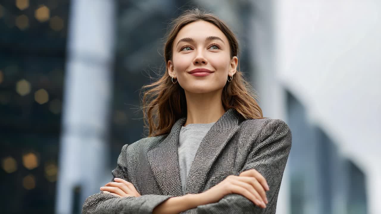 Confident Young Woman in Stylish Blazer Showcasing Modern Elegance in a Contemporary Urban Setting with a Professional Demeanor and Positive Attitude