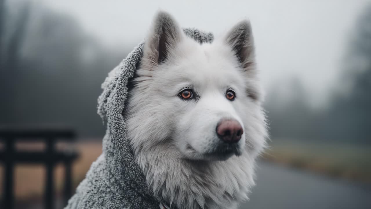 Sisli bir arka plan önünde kabarık beyaz tüyleriyle rahat bir kapüşonlu giyen görkemli bir Samoyed köpeği