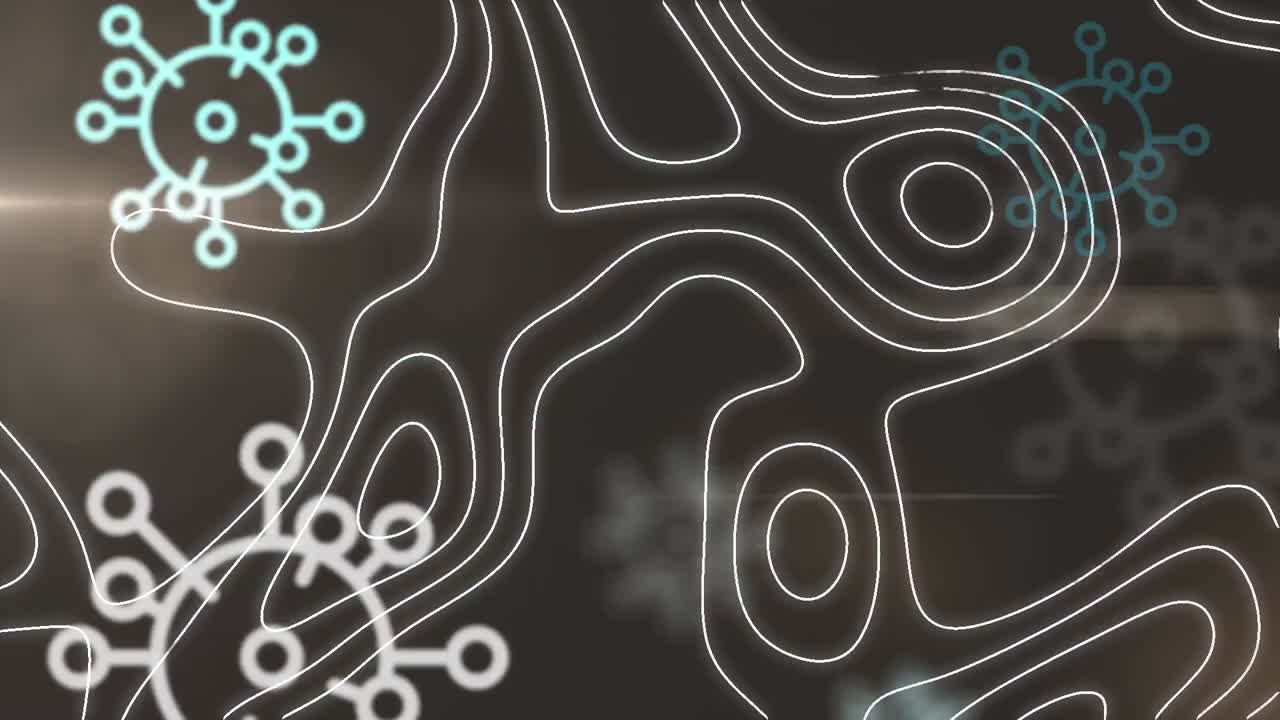 animación de múltiples células de covid 19 que caen sobre el mapa de la línea en fondo negro