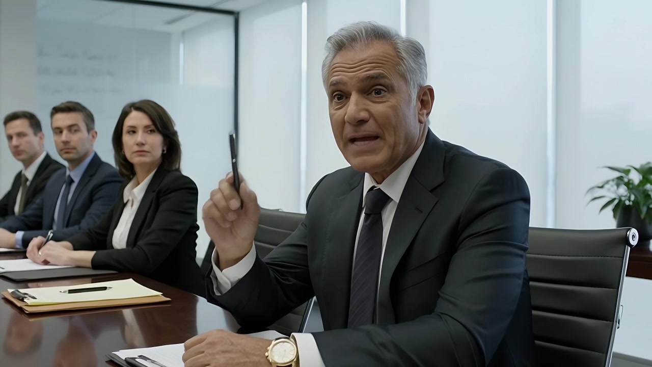 Levantando un bolígrafo negro, ejecutivo enfatizando un punto en la sala de conferencias, con traje oscuro y reloj de oro.