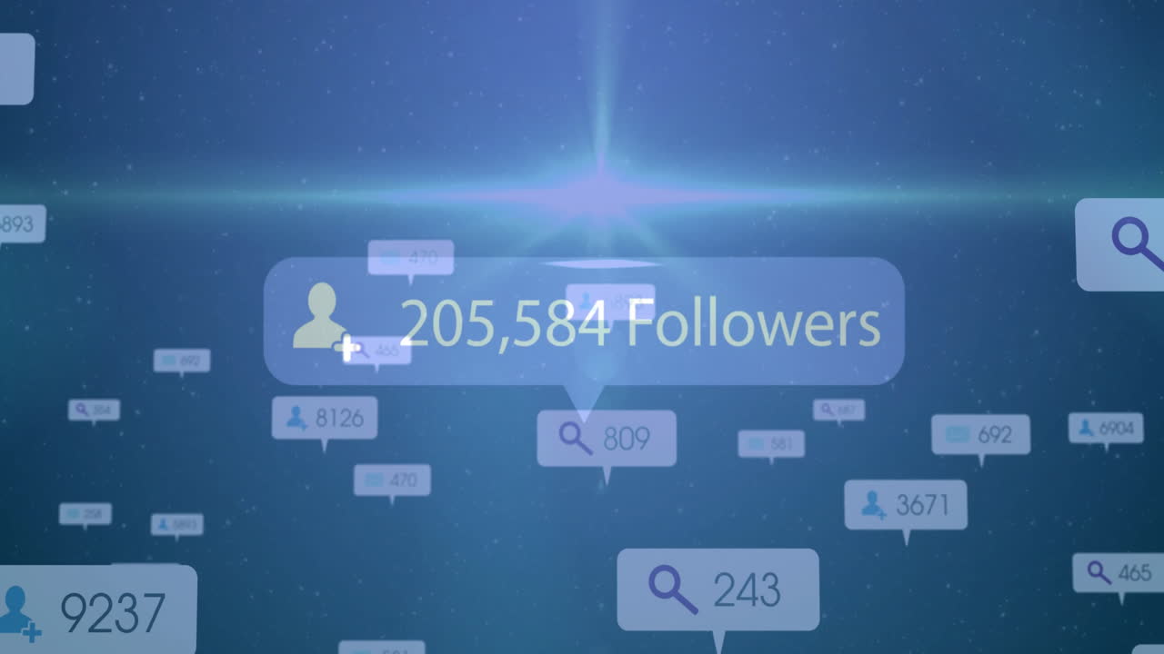 Animating social media follower count over digital network with search icons