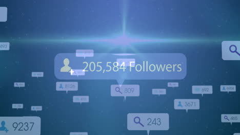 animating social media follower count over digital network with search icons