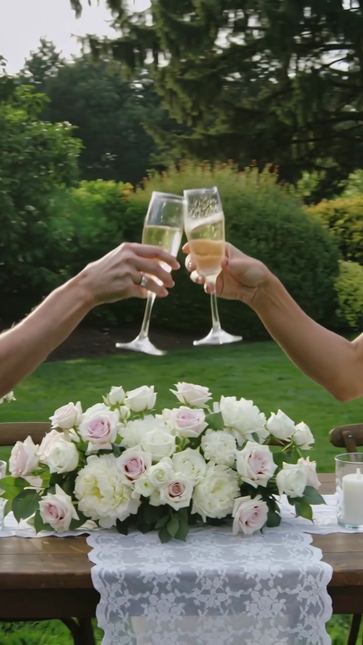 Vertical video: Lifting then clinking two adults holding bubbly flutes in garden, flowers, toasting