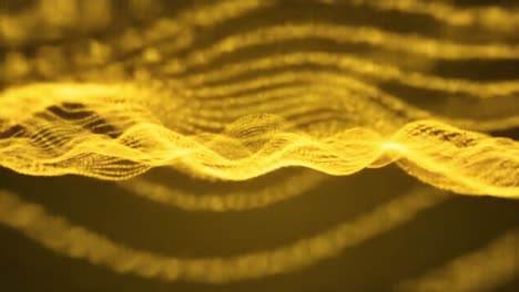 intricate patterns and vibrant yellow hues depict sound waves, creating a mesmerizing visual experience in an art exhibit. viewers are captivated by the flowing designs of this installation.