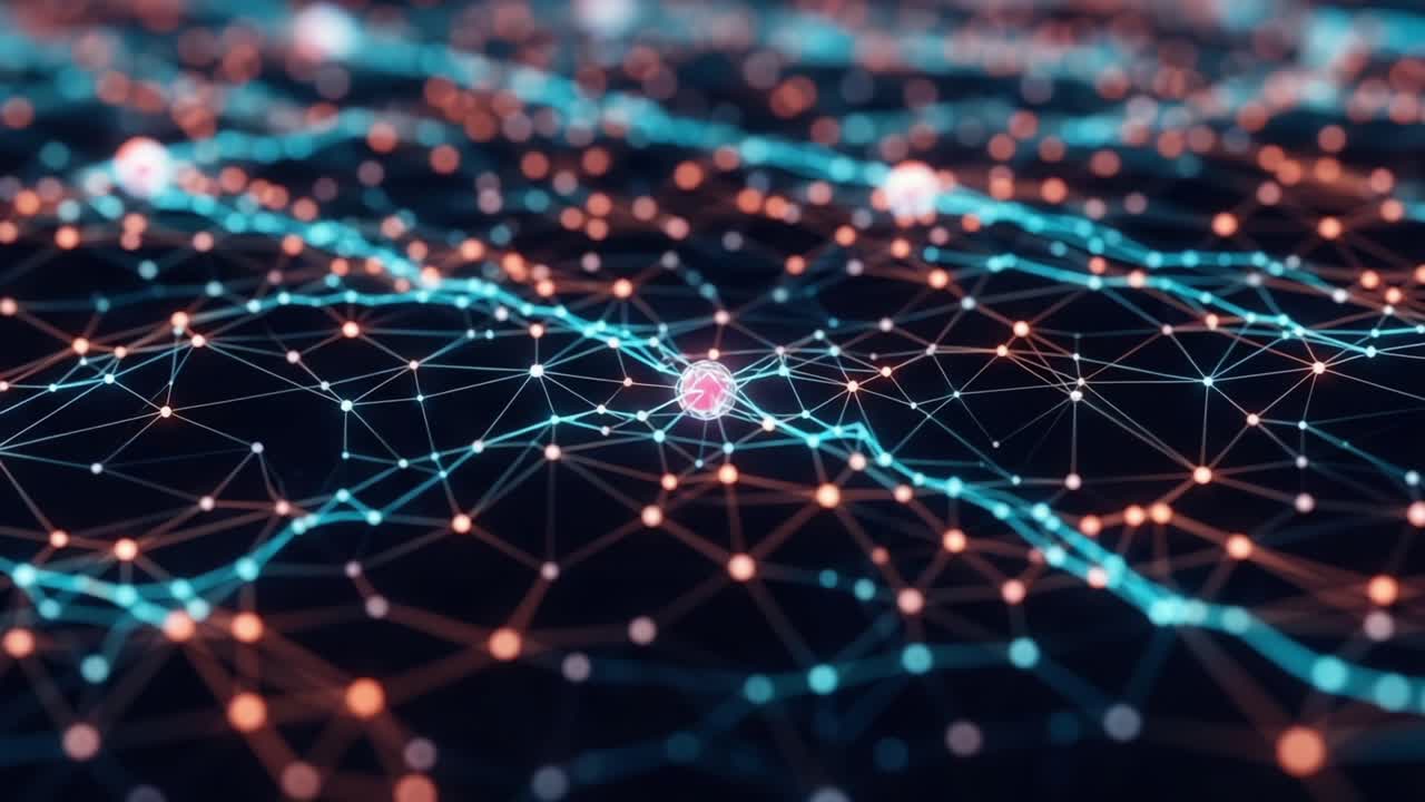 Abstract Representation of a Dynamic Network with Interconnected Nodes and Edges Displaying Vivid Colors and Patterns Underlying Data Transfer Mechanisms