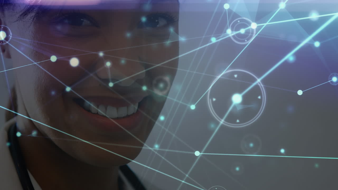 red de conexiones sobre el retrato de una mujer médica afroamericana sonriendo en el hospital