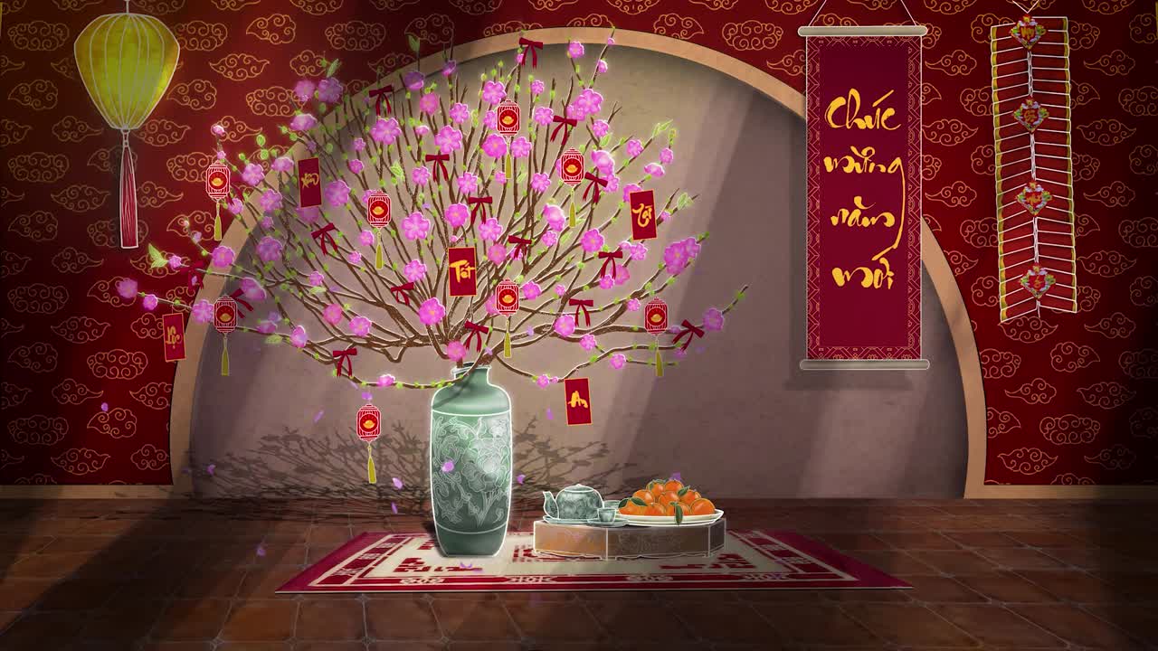 Celebrate Tết with this vibrant 2D animation background featuring rich red hues, stunning Hoa Đào blossoms (Cherry blossoms) and gracefully falling petals.