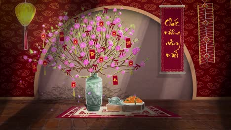celebrate tết with this vibrant 2d animation background featuring rich red hues, stunning hoa đào blossoms (cherry blossoms) and gracefully falling petals.