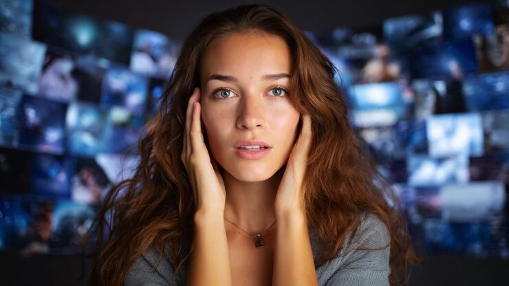 A contemplative moment captured in two frames, exploring the depth of thought and emotion through the expression of a young woman, surrounded by a collage of memories and images that evoke nostalgia and introspection