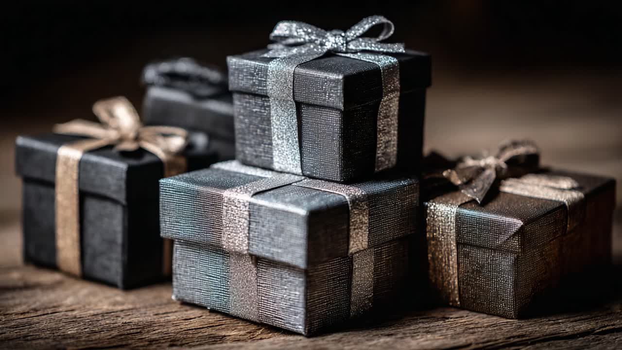 A Charming Array of Elegantly Wrapped Black Gift Boxes with Glittering Ribbons on a Rustic Wooden Surface, Perfect for Celebrations and Special Occasions