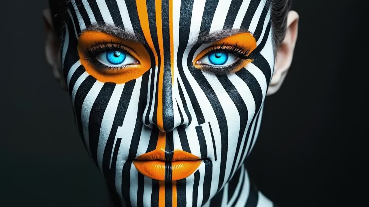 A woman with a black and white striped face paint and orange lipstick