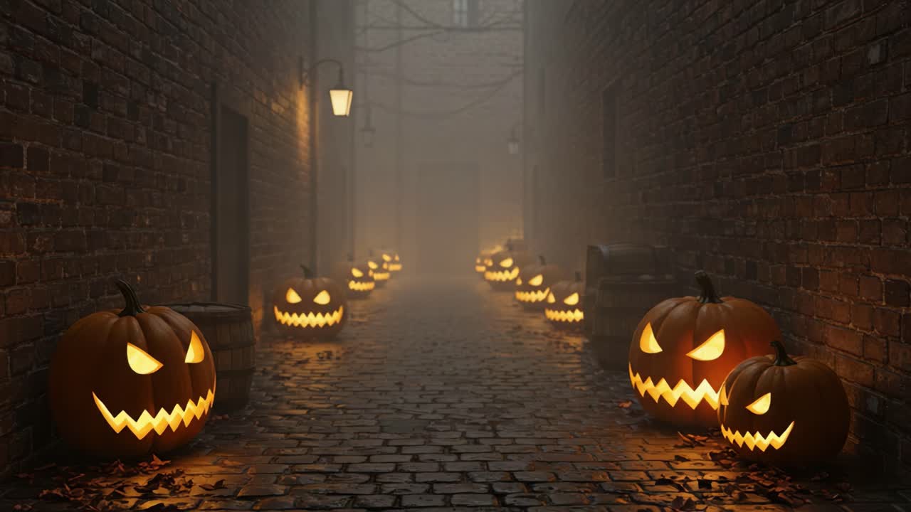 Eerie Alleyway Decorated with Grinning Jack-o'-Lanterns Illuminates the Spooky Atmosphere of Halloween Night, Creating an Enchanting yet Haunting Scene