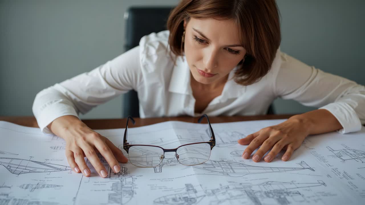 Leaning forward woman in white blouse checking technical drawings at office desk, with eyeglasses