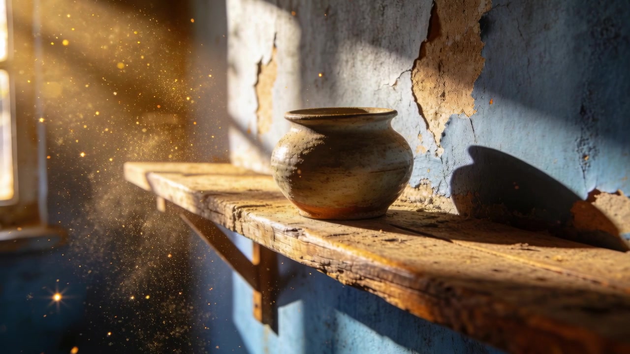 Luce solare che filtra dalla finestra a sinistra illumina un vaso di argilla su uno scaffale, rivelando polvere fluttuante e l'ombra del muro