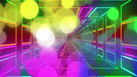animation of colourful neon spots and digital tunnel on black background