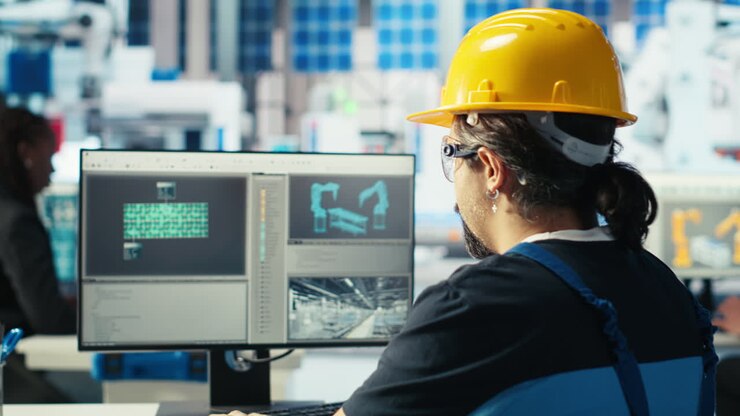 Solar panels plant engineer using PC to learn how to harness sun power