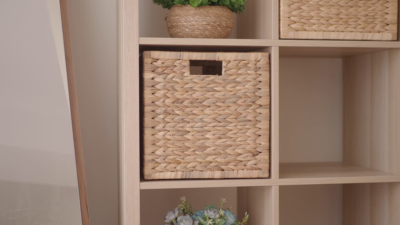 Woven Storage Basket and Decor on a Wooden Shelf