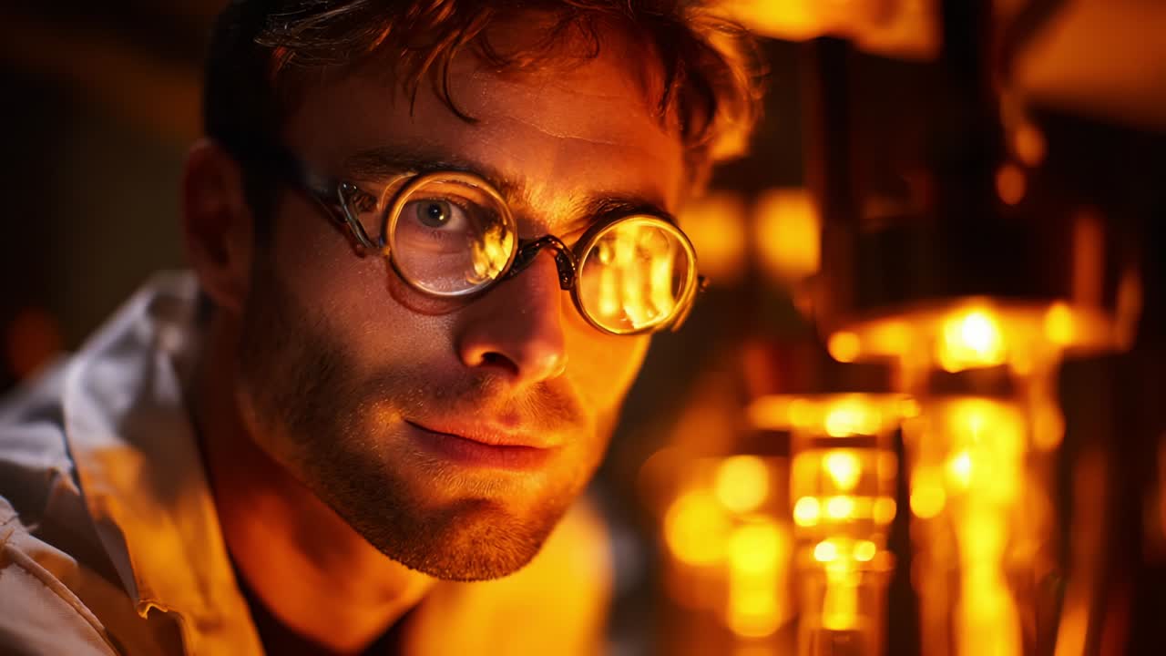 A curious scientist examines glowing glass flask experiments under warm golden light, revealing a passion for discovery and innovation in a captivating laboratory setting