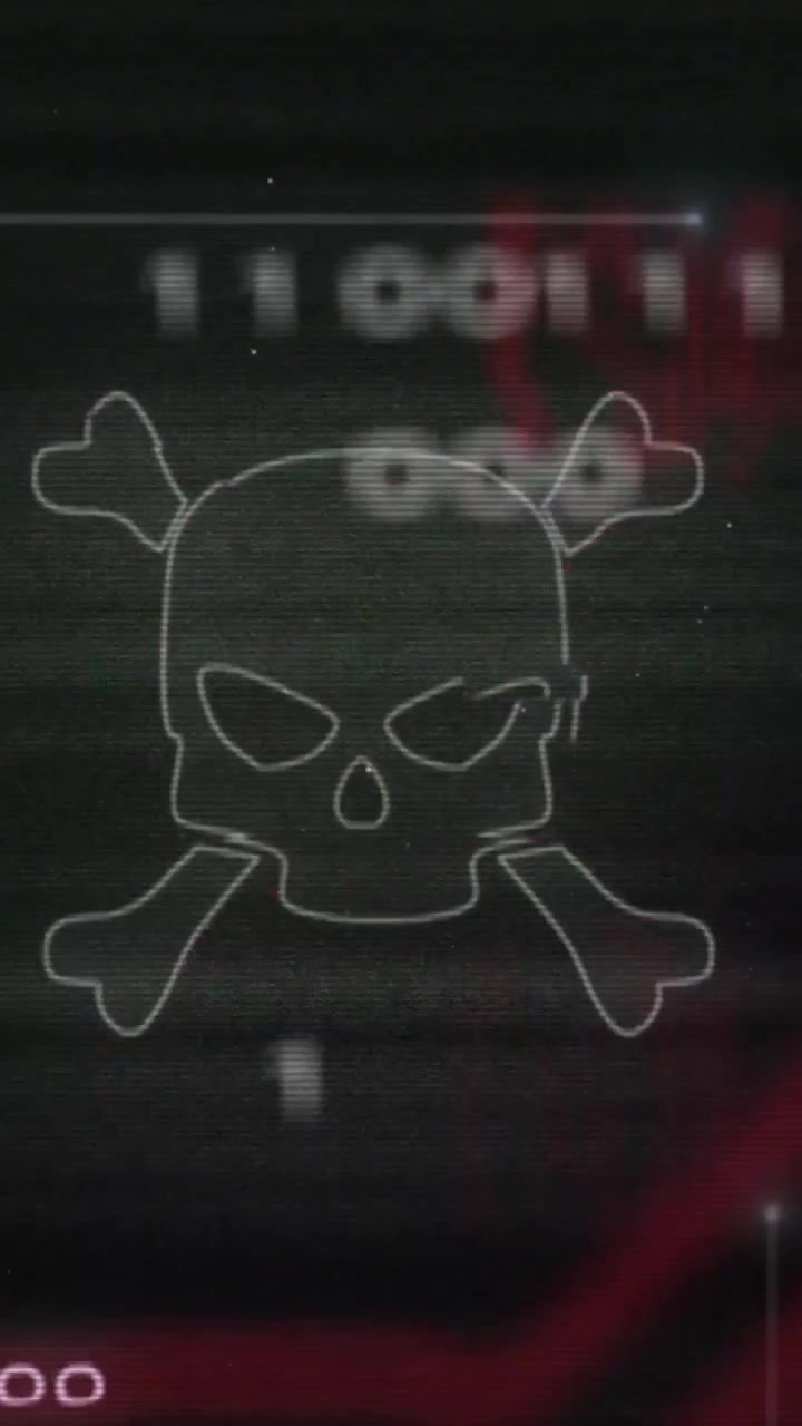 Dødningehoved og korslagte knogler animation over rødt printkort og binær kode.
