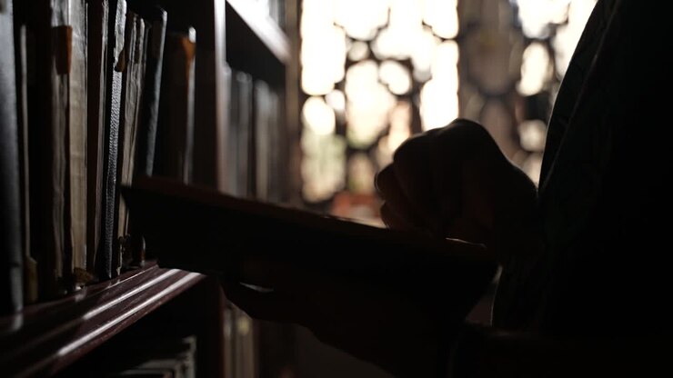 Un uomo che prende un libro all'interno della biblioteca Al-Qarawiyyin a Fez.