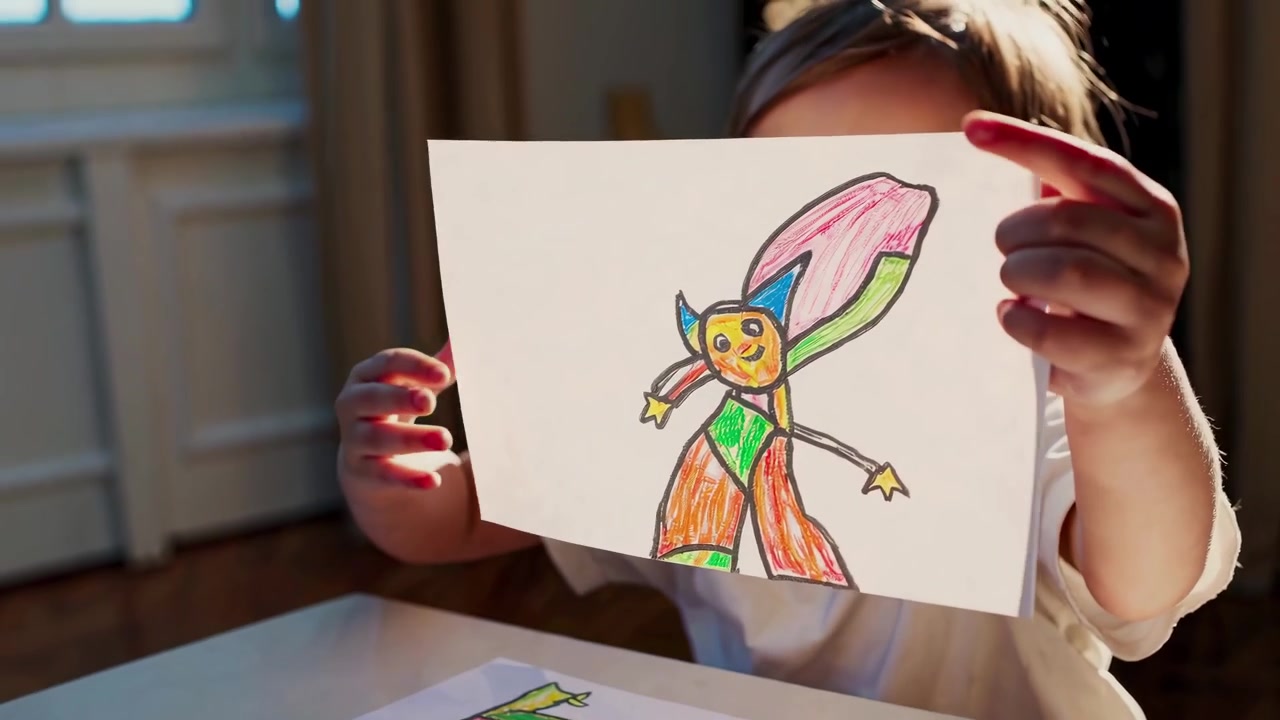 Menina Jovem Feliz Mostrando Seu Desenho Colorido em Casa