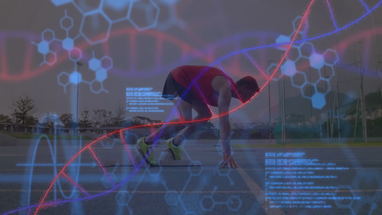 Male athlete crouching in starting blocks on track, displaying sports tech with DNA helix graphics