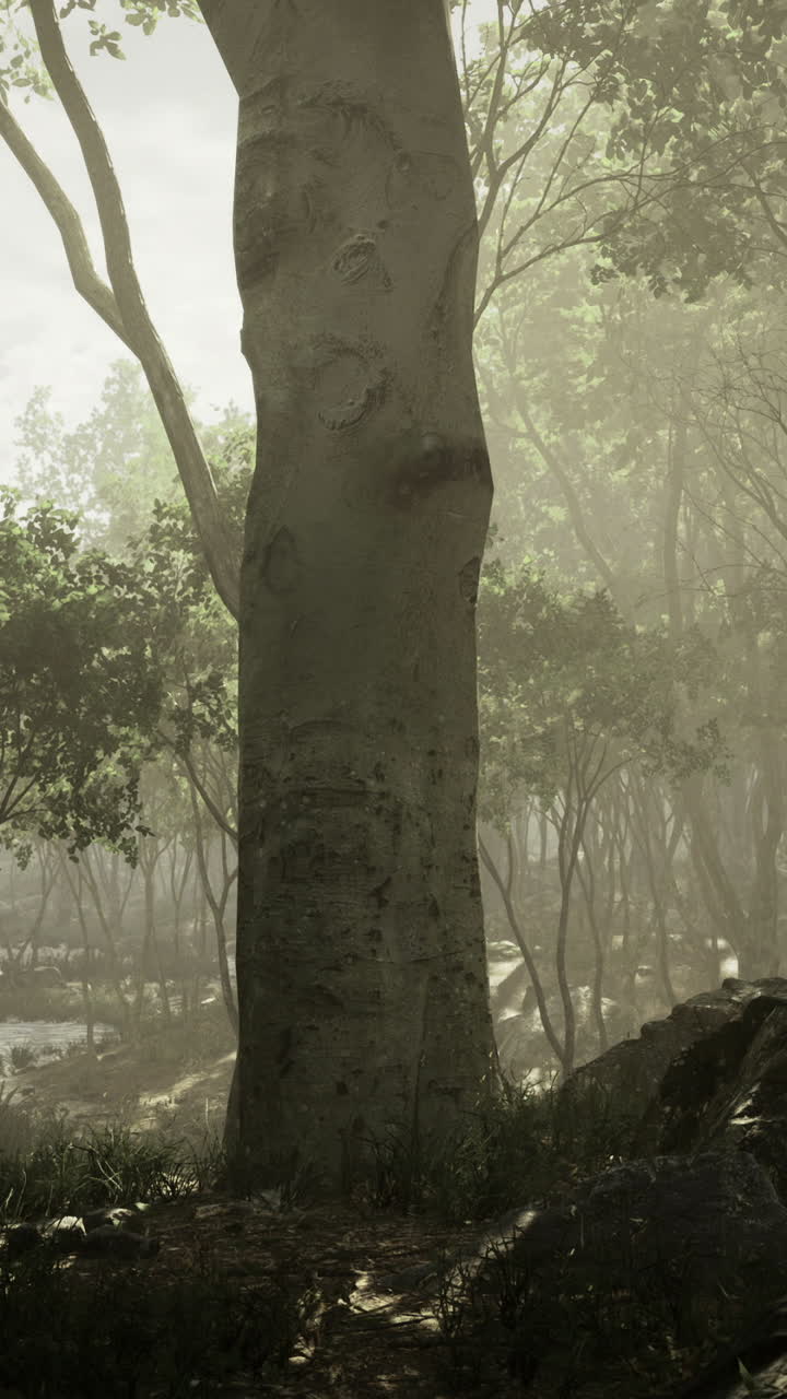 Misty morning in a tranquil forest by a serene lake surrounded by trees