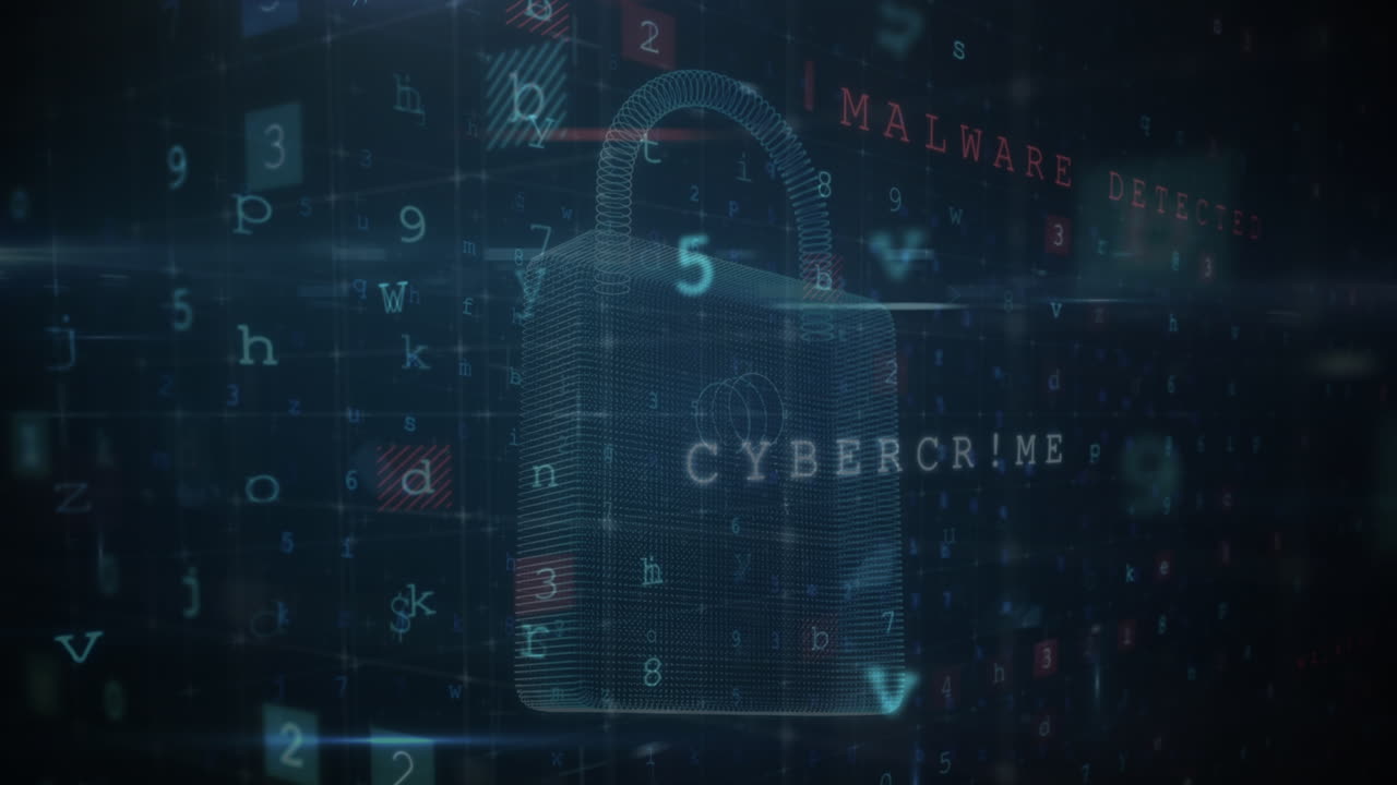 Animation of warning data processing, online security padlock and circuit board