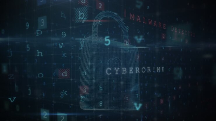 Animation of warning data processing, online security padlock and circuit board