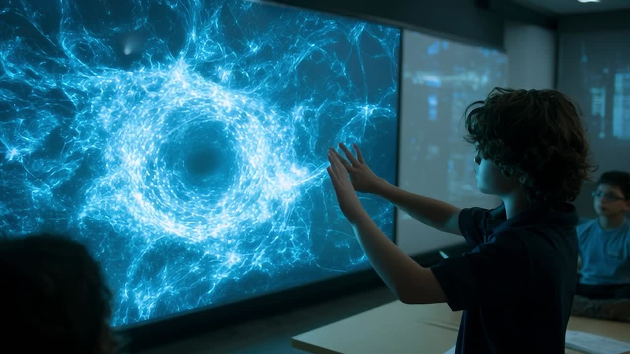 Child interacts with holographic light display in modern classroom setting