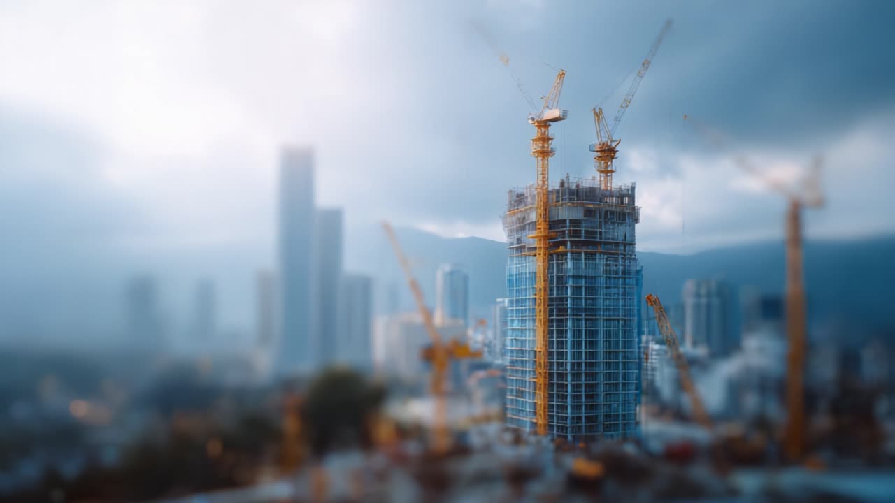 Progreso de la construcción de un rascacielos moderno rodeado por el paisaje urbano bajo un cielo nublado, mostrando grúas y tecnología de desarrollo.