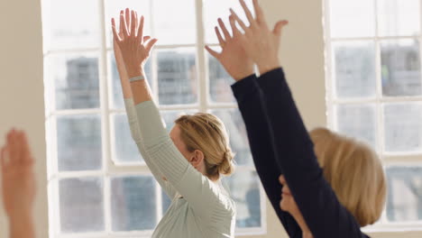 yoga class elderly women exercising healthy lifestyle practicing warrior pose enjoying group fitness workout in studio