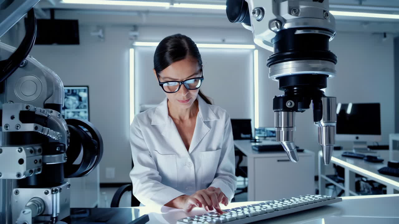 Engenheira Trabalhando com Braço Robótico em um Laboratório Moderno