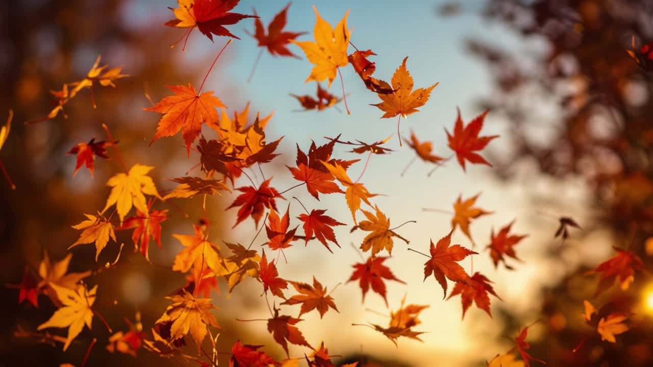 Breathtaking Autumn Leaves Dancing in the Air, Capturing the Essence of Fall with Vibrant Colors Surrounding a Tranquil Sunset Sky