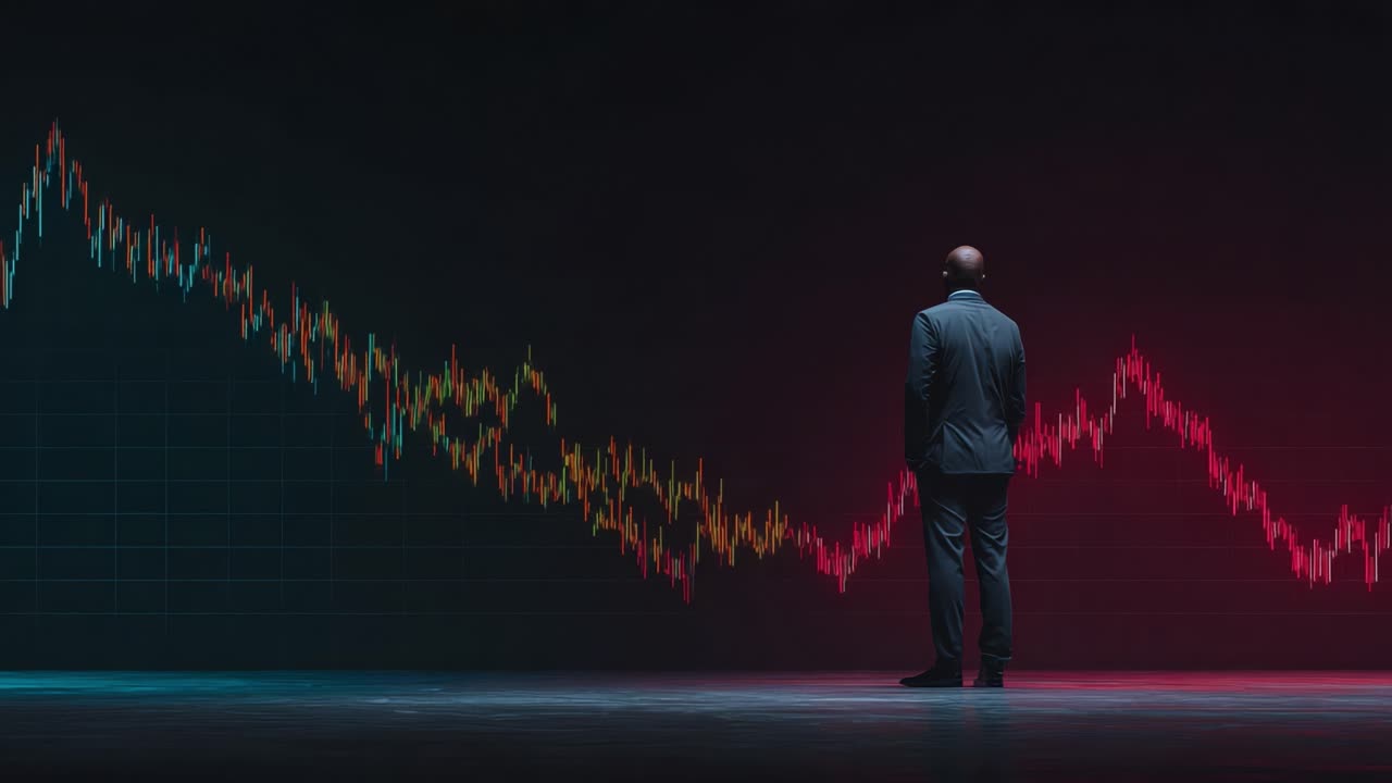 En forretningsanalytiker analyserer markedstendenser i en dramatisk fremvisning af stigende og faldende grafer, der fremhæver finansielle data og investeringsstrategier