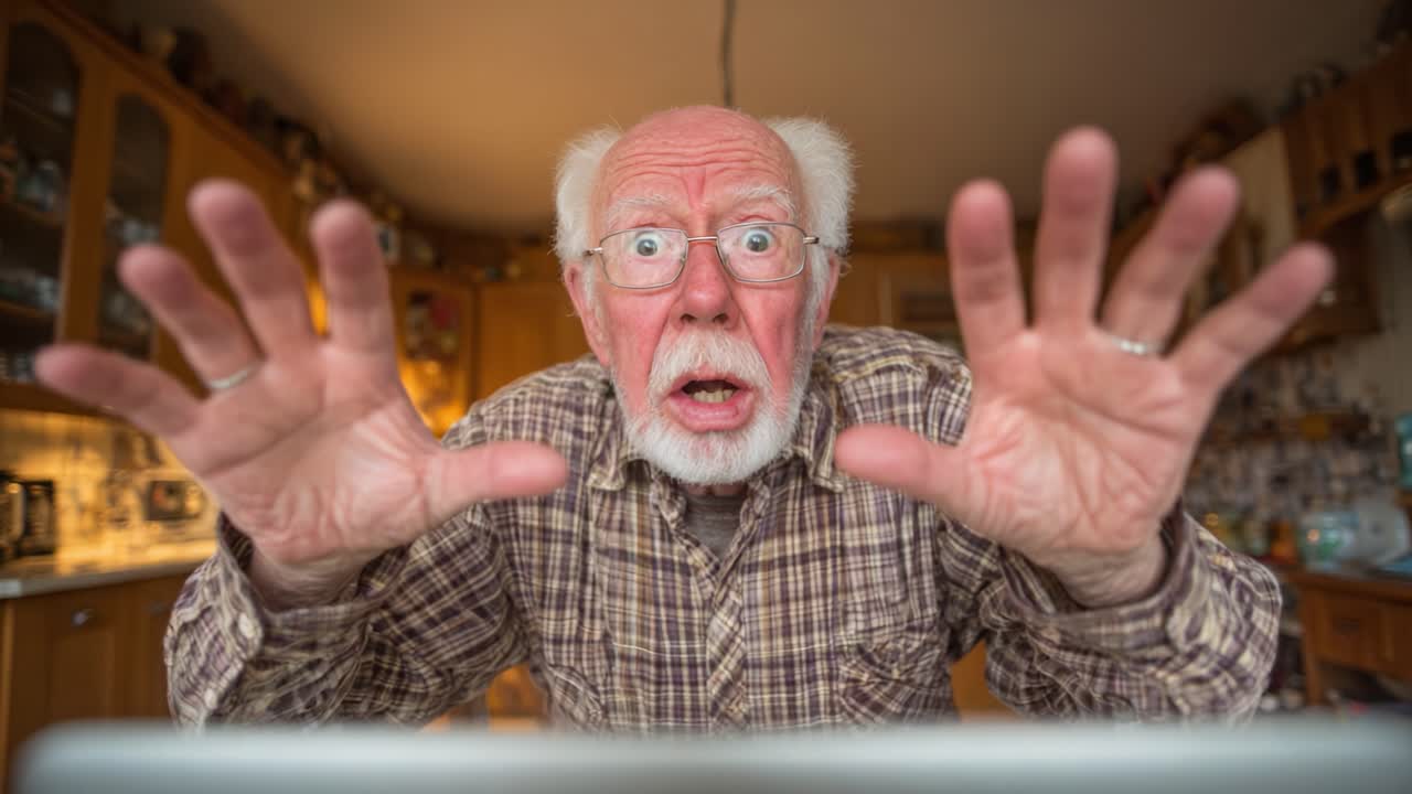 An Elderly Man Expresses Shock and Surprise in Front of a Computer, Capturing a Moment of Genuine Emotion and Interaction with Technology